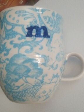 Anthropologie Homegrown Blue Floral Ceramic Mug with Monogram Letter M